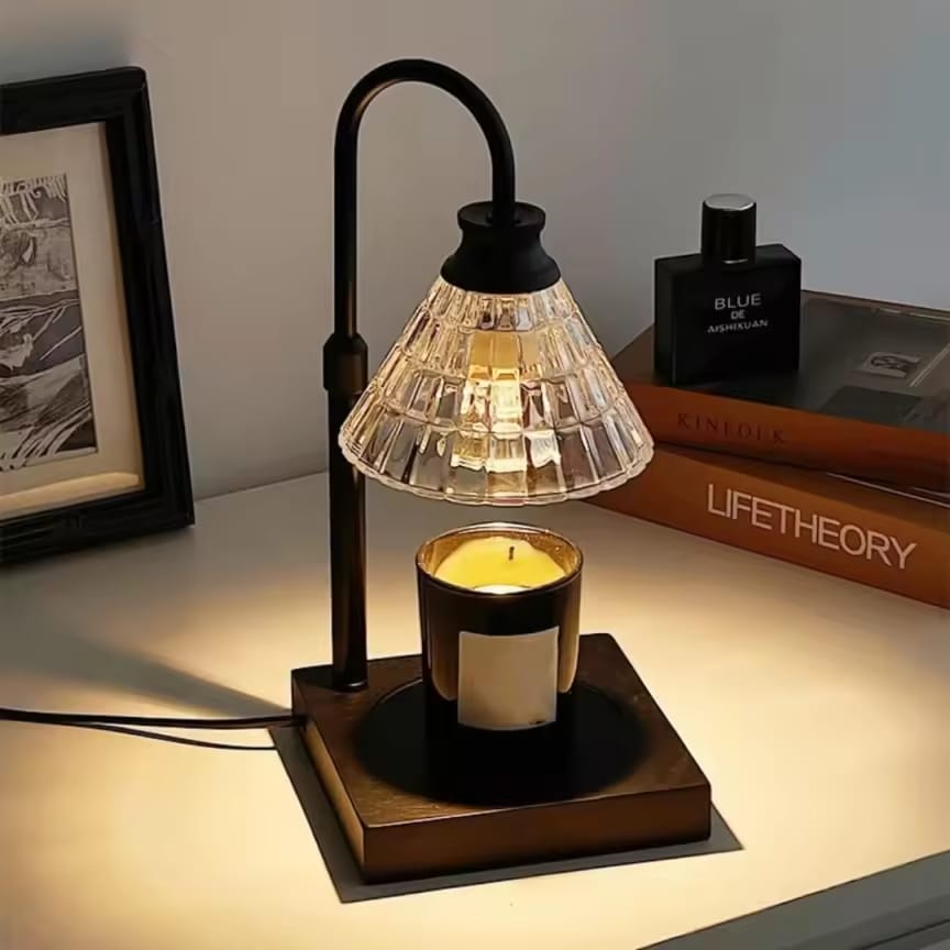 Electric candle warmer with bamboo base, metal and glass aromatherapy wax melter for home and office use. 