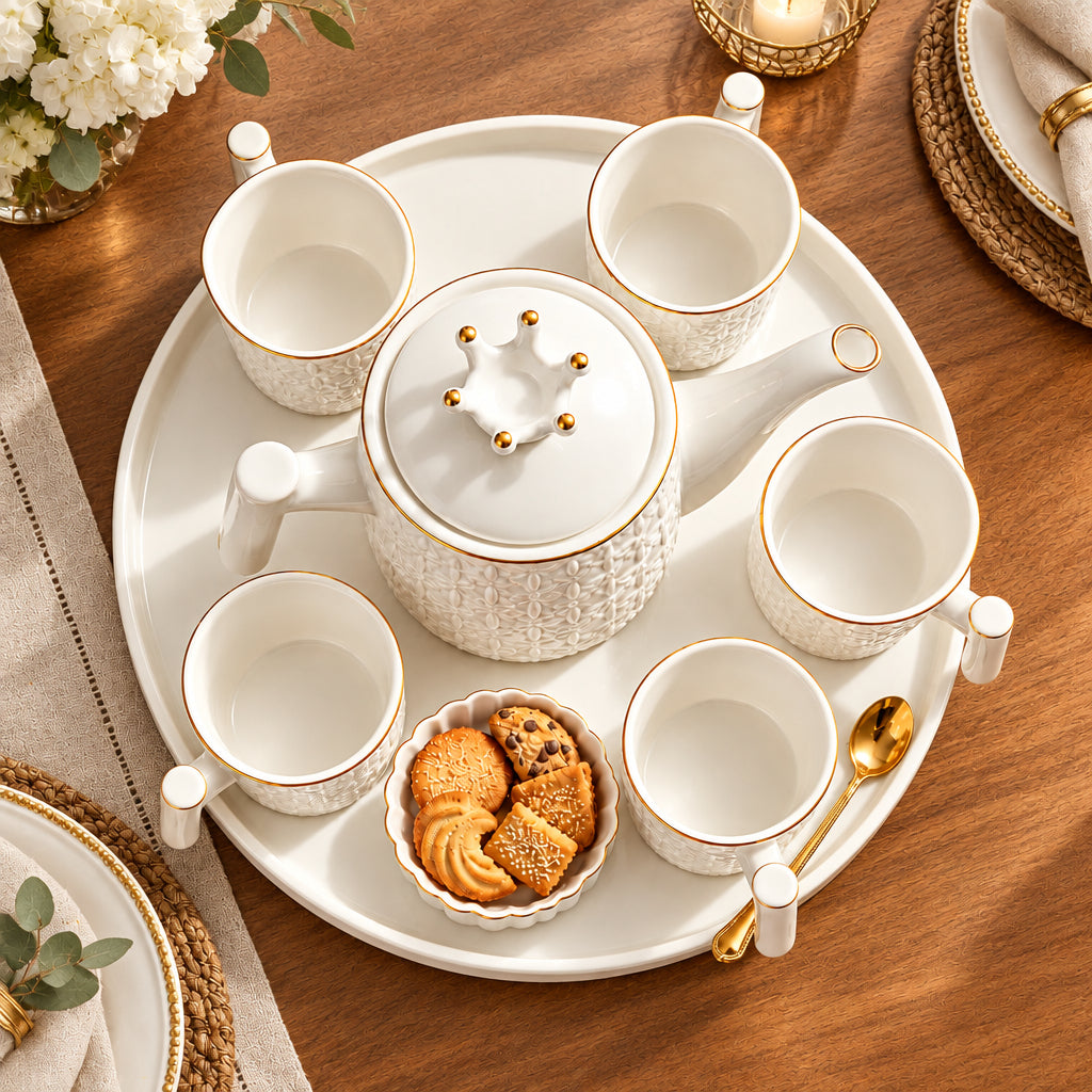 Crown Tea Set with Teapot, 6 Mugs and Rotating Round Tray