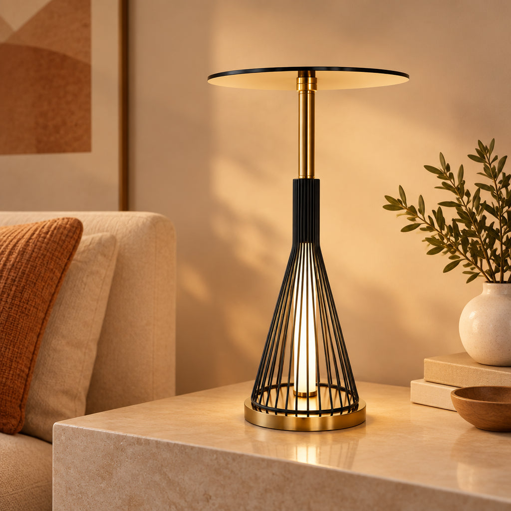Caged Bedside Table Lamp with Black Metal Shade and Gold Base