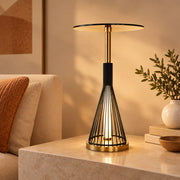 Caged Bedside Table Lamp with Black Metal Shade and Gold Base