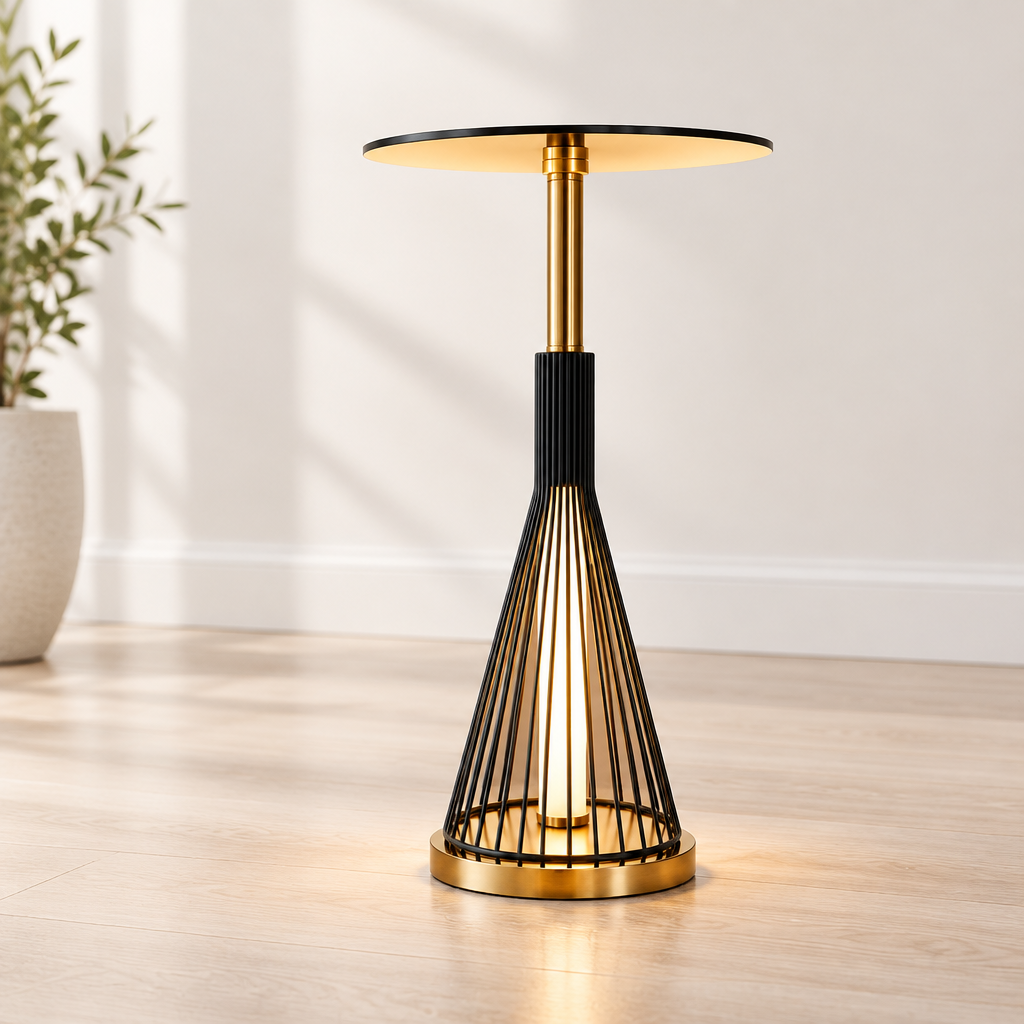 Caged Bedside Table Lamp with Black Metal Shade and Gold Base