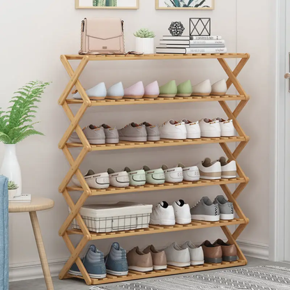 6-tier foldable bamboo shoe rack organizer in brown or black finish.