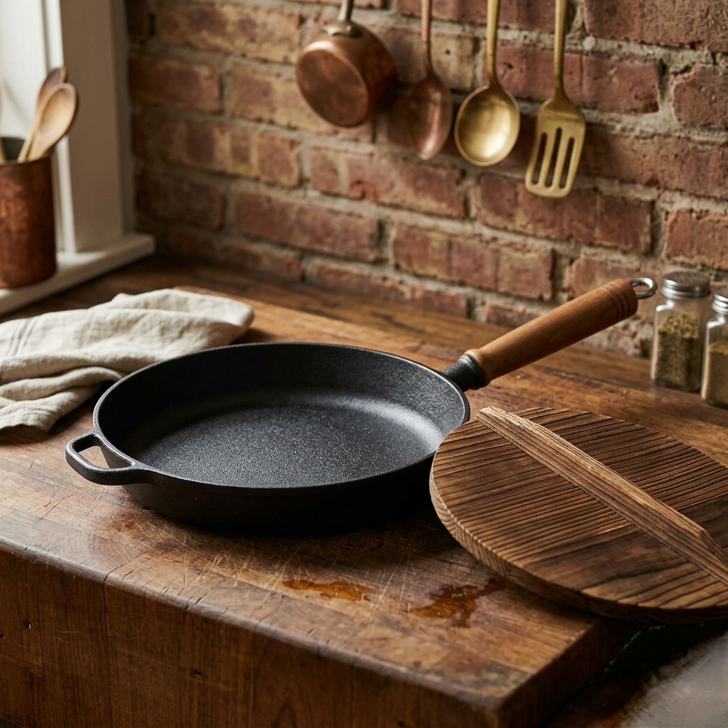 25cm Cast iron frying pan with bamboo lid and non stick surface