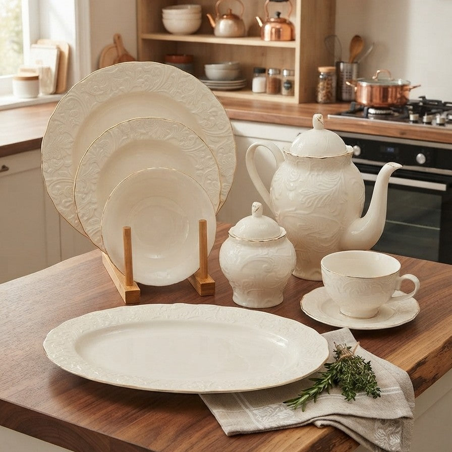 39 Piece White Porcelain Dinner Set with Gold Rim