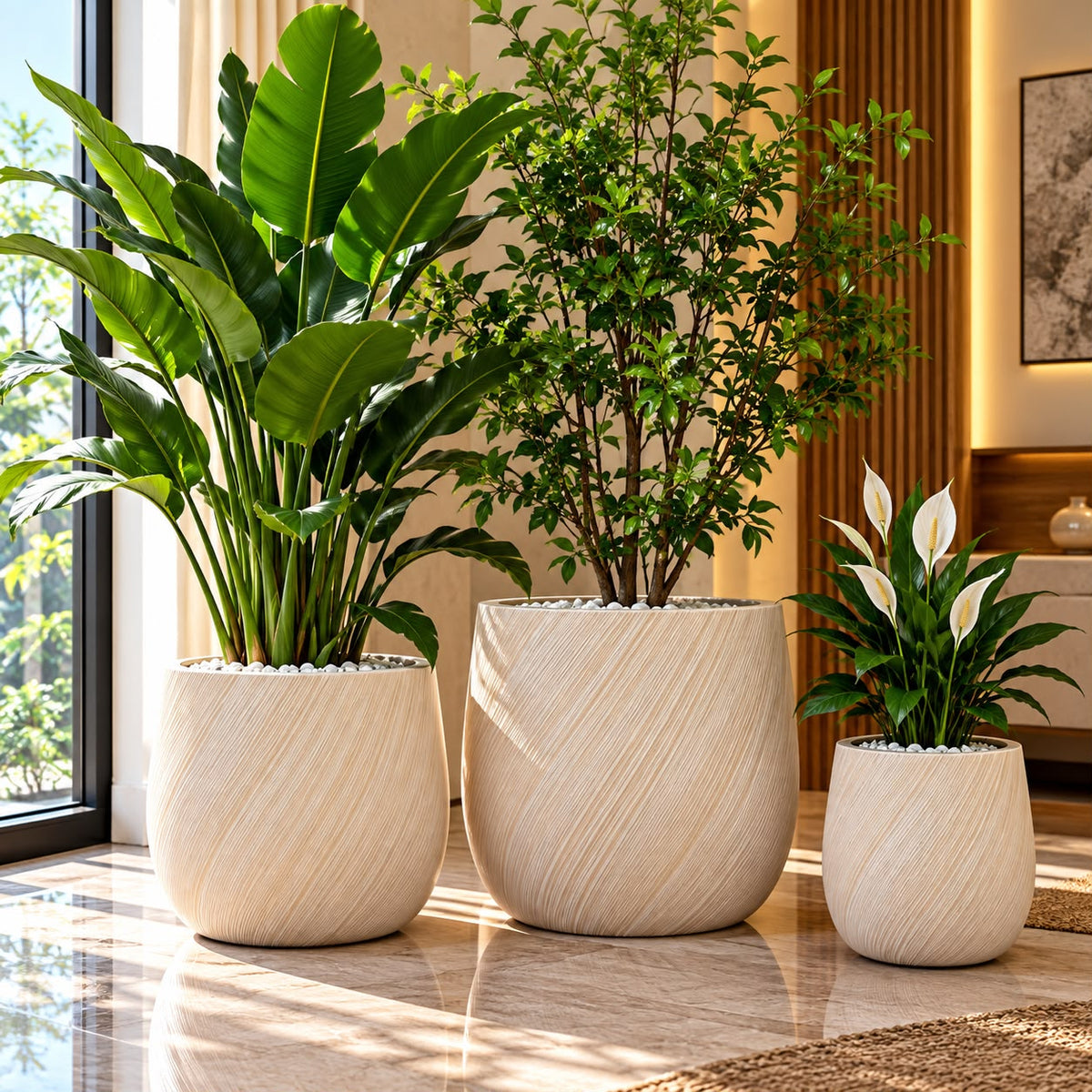 Ribbed Concrete Planters – 24.5 × 24.5 × 23 cm, 35 × 35 × 31.5 cm and 48 × 48 × 41.5 cm