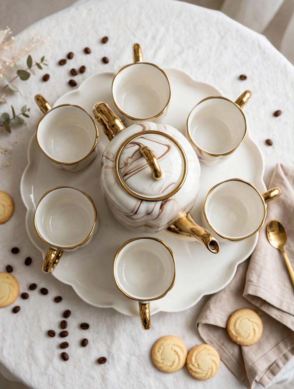 Brown Marble Tea Set with Teapot, 6 Cups and Flower Tray