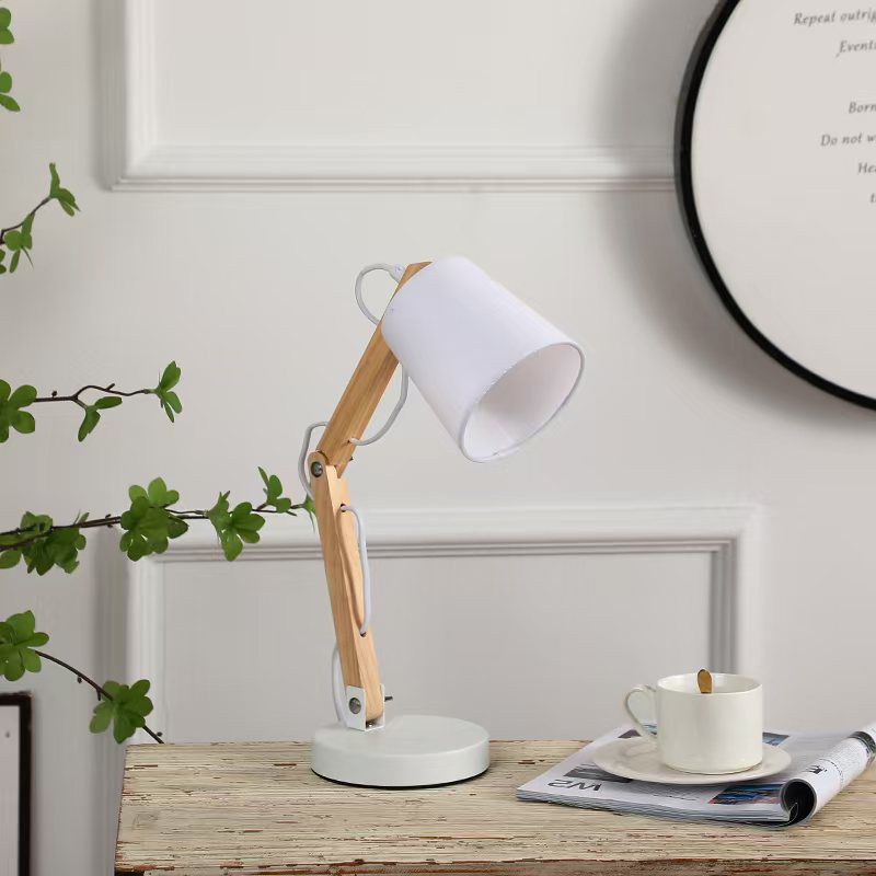 Adjustable wooden desk lamp with metal shade, modern lighting for study desk, office, or bedside use. 