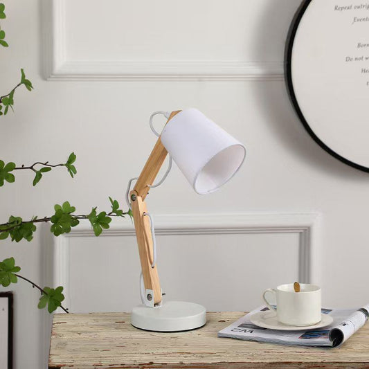 Adjustable wooden desk lamp with metal shade, modern lighting for study desk, office, or bedside use. 