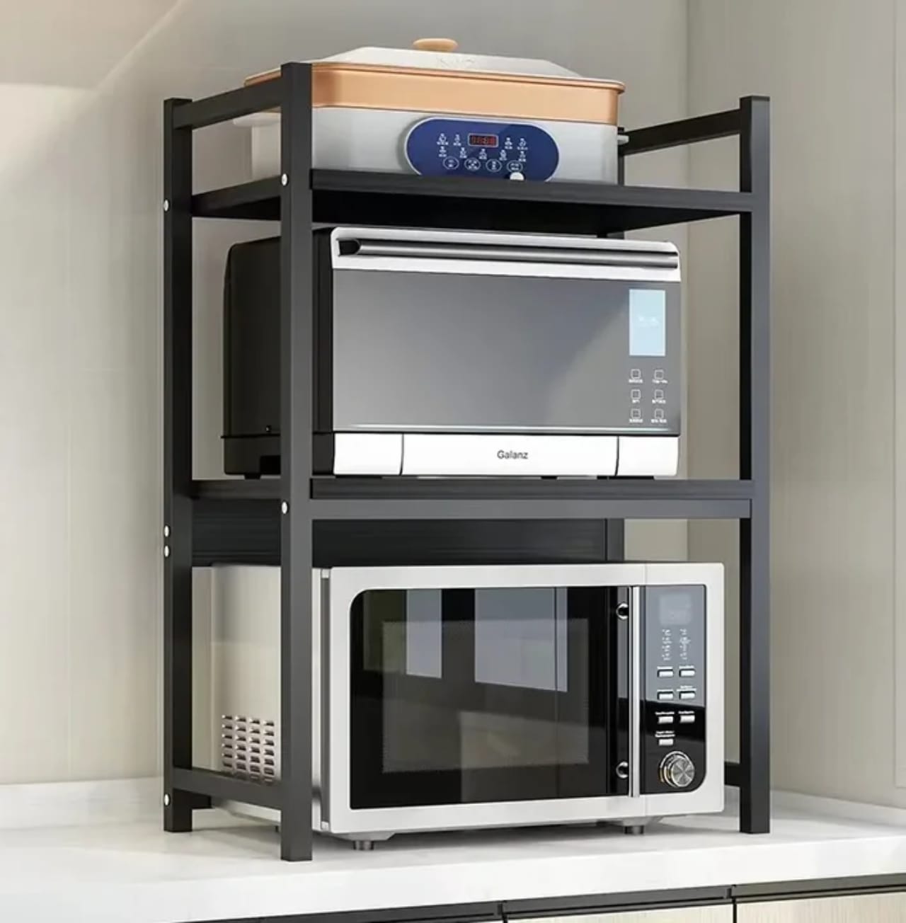 2 Tier expandable metallic microwave stand for kitchen appliance storage and space-saving organization