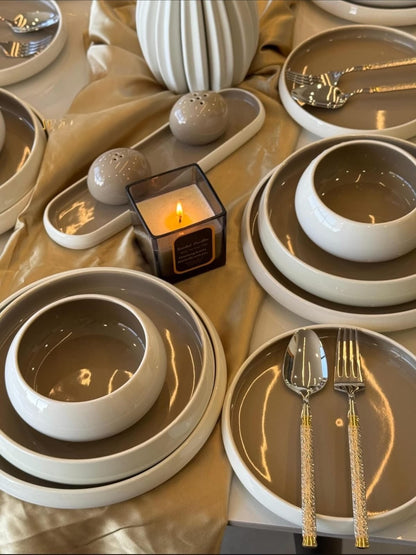 27-piece European double-glaze porcelain dinner set including plates, bowls, salt shakers, and serving platter
