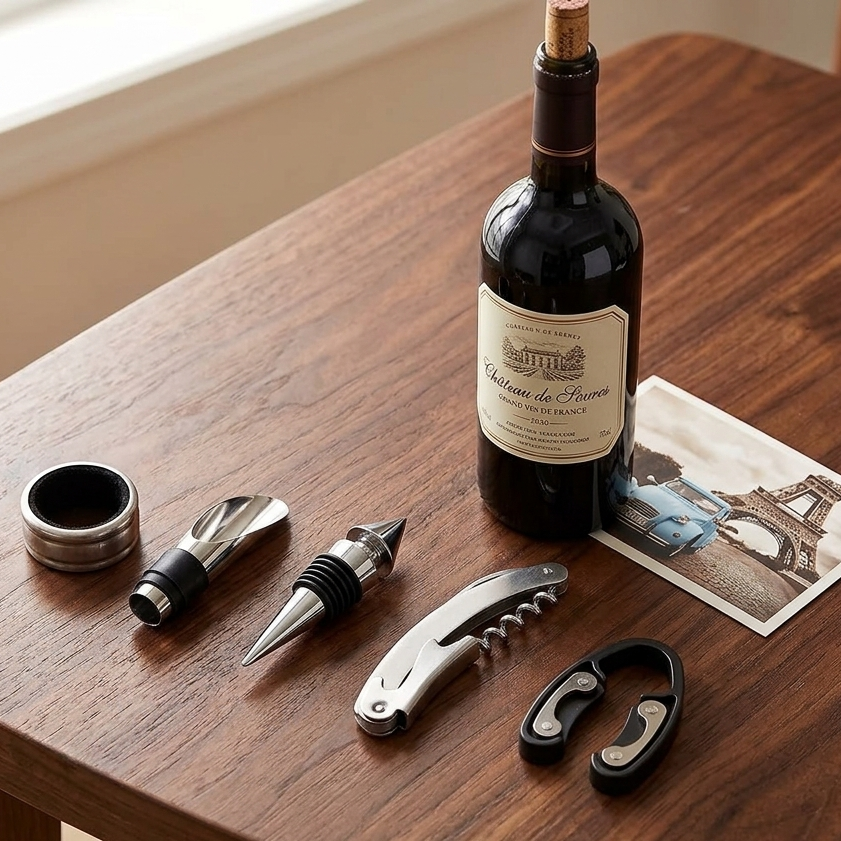 Bottle shaped 5 piece wine opener gift set with corkscrew and wine serving accessories