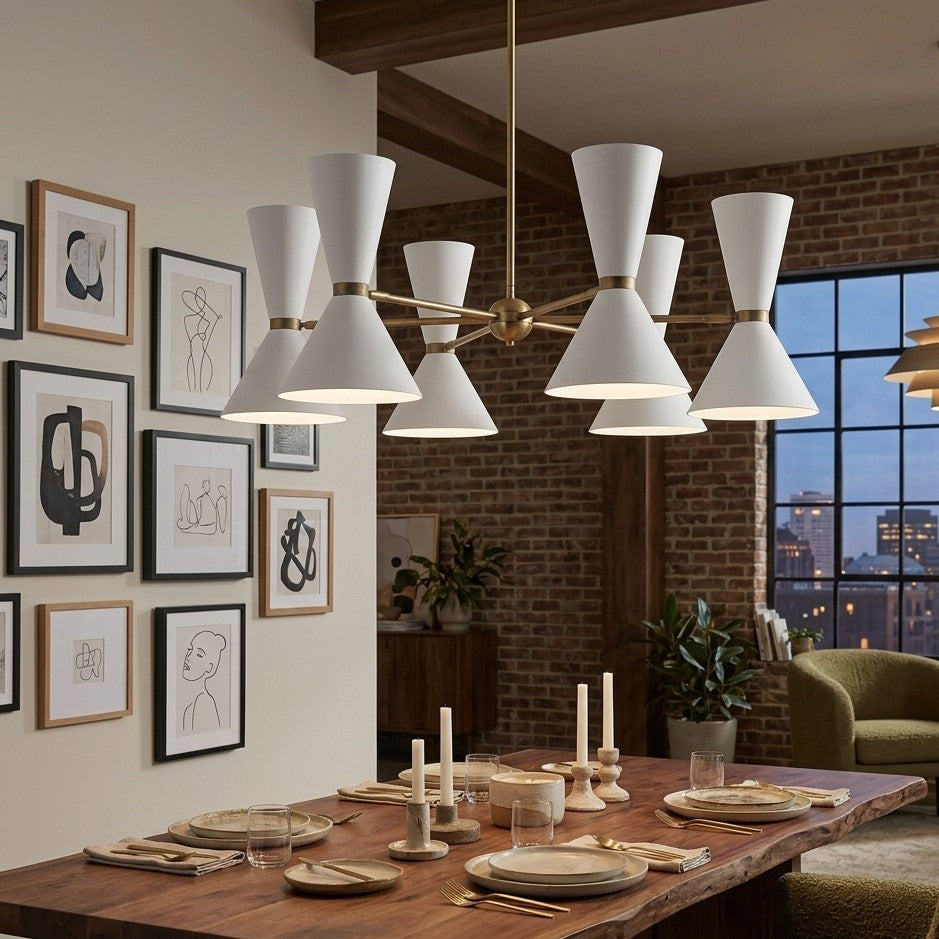6 arm mid century modern chandelier with brass finish and white hourglass shades in Sputnik style. 💡✨