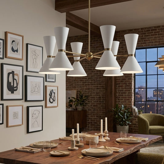 6 arm mid century modern chandelier with brass finish and white hourglass shades in Sputnik style. 💡✨
