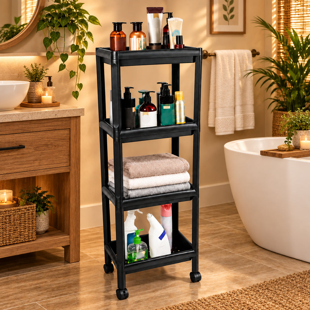4 Tier Heavy PP Storage Rack with Movable Wheels