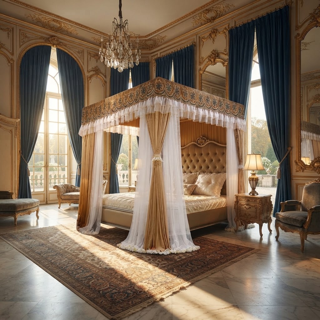 Canopy 4 Stand Bed with Decorative Bed Curtain 6 × 6 ft
