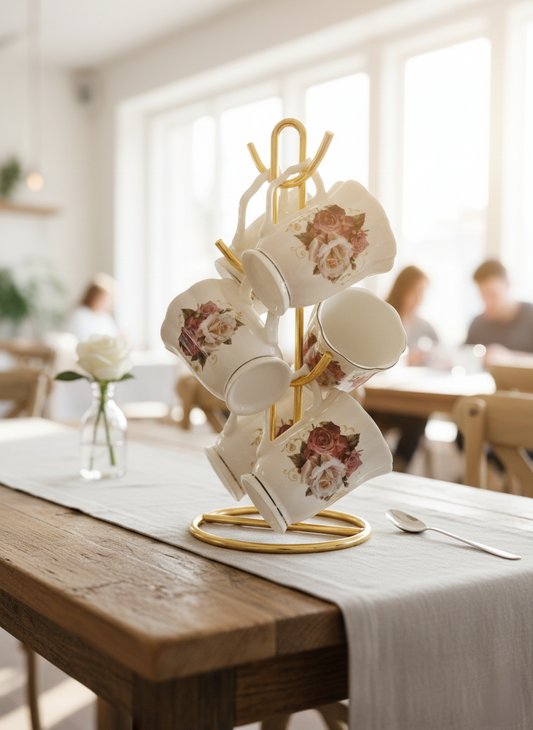 Set of six gold-rimmed bone china tea mugs with floral design