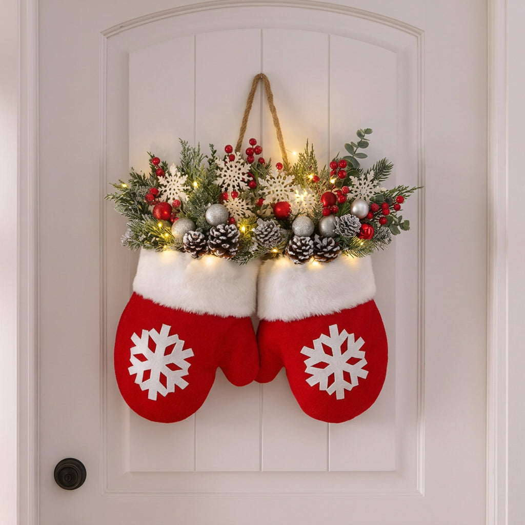 2 in 1 Christmas Garland Glove Shaped Flower Wreath with Decorative Light for Festive Home Décor 