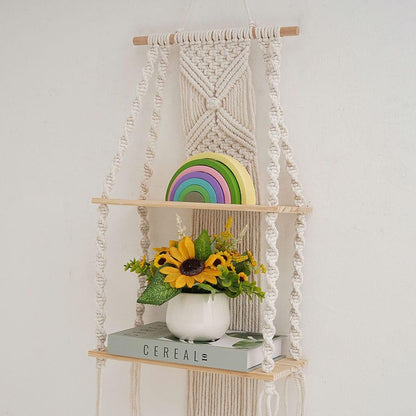 Two-tier woven tapestry bohemian wall hanging floating shelves made of cotton rope and wood