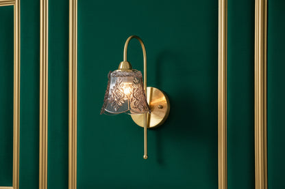 Antique floral wall lamp with smoky grey embossed glass shade and brass finish E27 indoor decorative lighting fixture