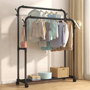 Black double pole wheeled clothes rack with two hanging rails, bottom shoe rack, and heavy duty metal frame for garment and shoe storage.