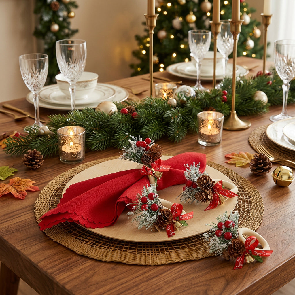 Christmas Cedar Red Fruit Wooden Napkin Rings with Bow and Bell for Festive Table Decorations available in Nairobi, Kenya