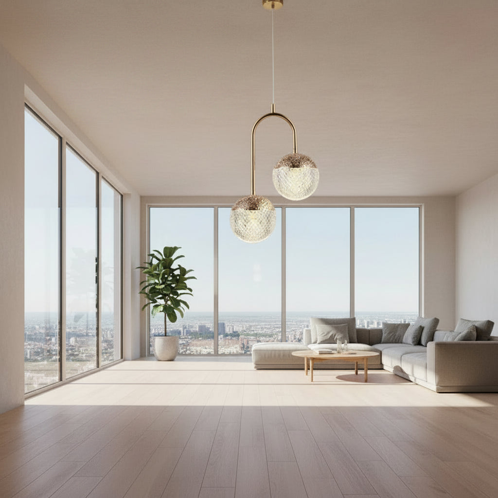 Dawood Lifestyle & Gadgets kes double globe pendant light with textured crystal glass globes, gold arch frame, and modern staggered ceiling design for luxury dining rooms and contemporary interiors.