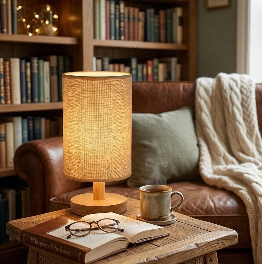 Desk lamp with bamboo base, iron shade, USB rechargeable, and touch dimmable LED light for bedroom or office use