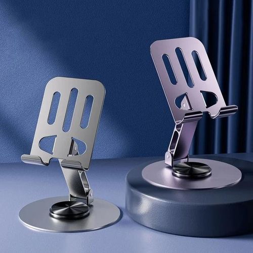 Alloy mobile phone holder with infinite rotation and heat-dissipating design.