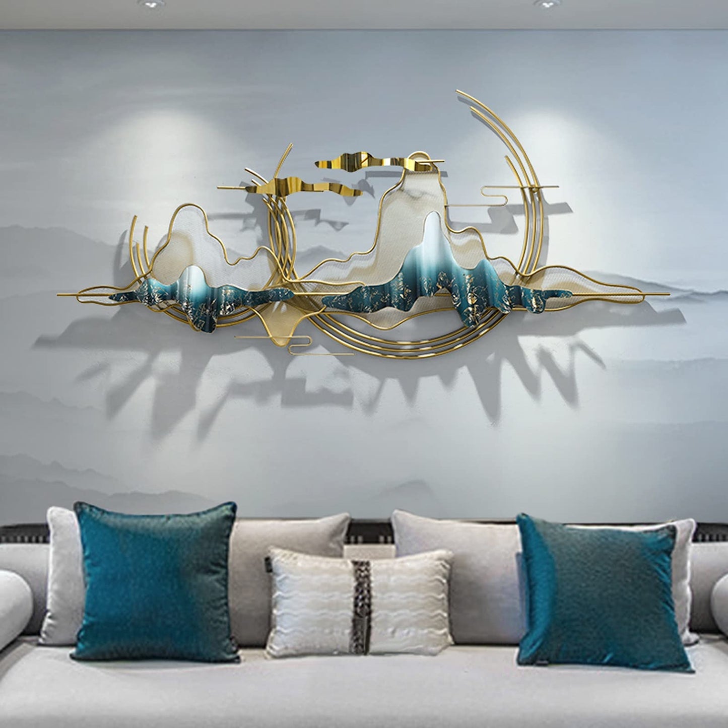 Metal wall hanging depicting a mountain landscape, decorative art for living room, bedroom, or office interiors.