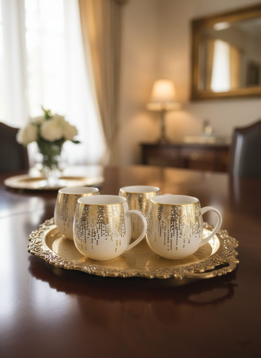 Ceramic Gold Dot pot cup with comfortable handle and elegant gold design.