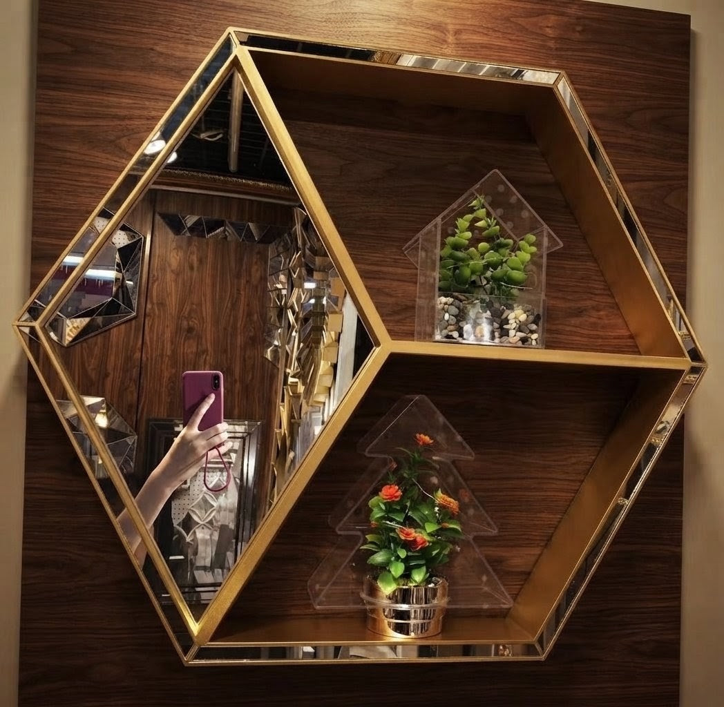 Gold Hexagon Wall Mirror with Display Shelves