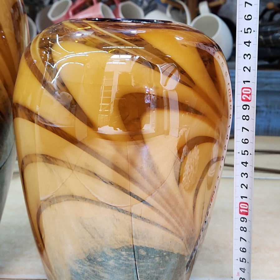 Handblown Amber Swirl Glass vase with caramel, brown, and smoke grey patterns