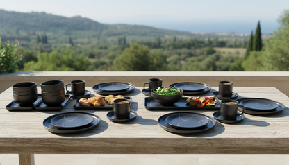 32-Piece Matte marble finish porcelain dinner set in black and white with plates, bowls, mugs, saucers, and platters.