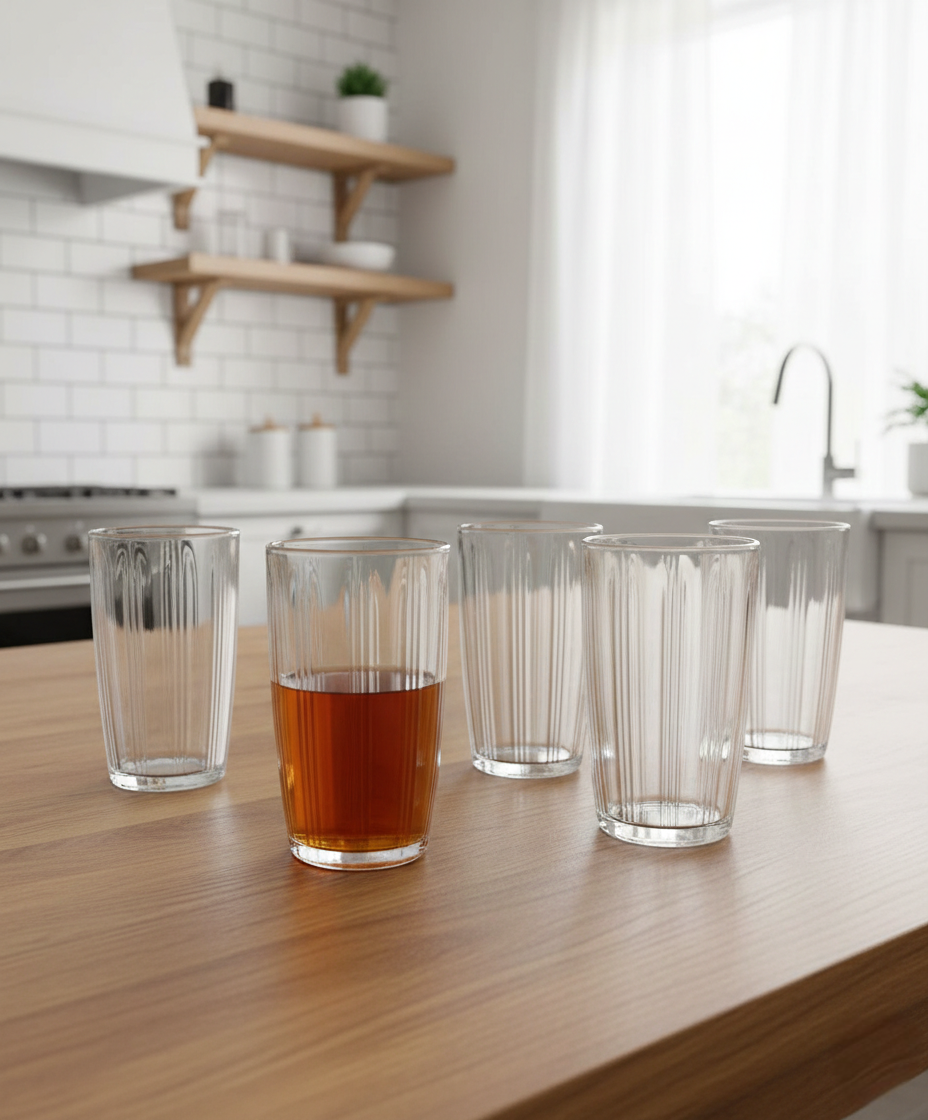 Set of six 300ml clear ribbed hard glass drinking glasses.