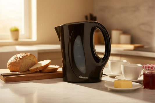 Ramtons 1.7 liter black corded electric kettle with boil-dry protection, fast boil function, and transparent switch