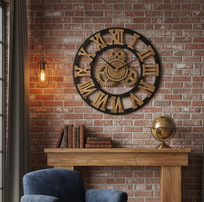Gold 3D Roman vintage gear pocket wall clock measuring 60 cm diameter