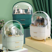 Luxury acrylic cosmetic storage box 35L, oval makeup organizer with transparent design in white, pink, and green. 