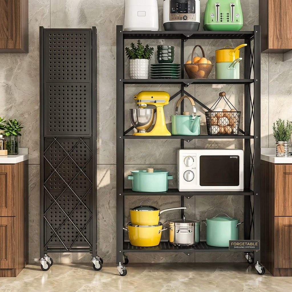 Foldable 5 tier multipurpose storage rack with wheels for kitchen and home organization