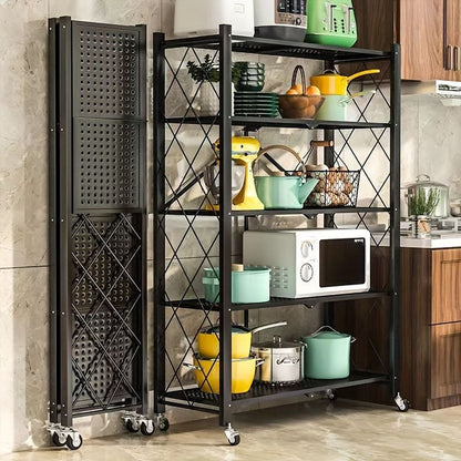 Foldable 5 tier multipurpose storage rack with wheels for kitchen and home organization