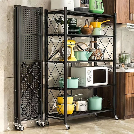 Foldable 5 tier multipurpose storage rack with wheels for kitchen and home organization