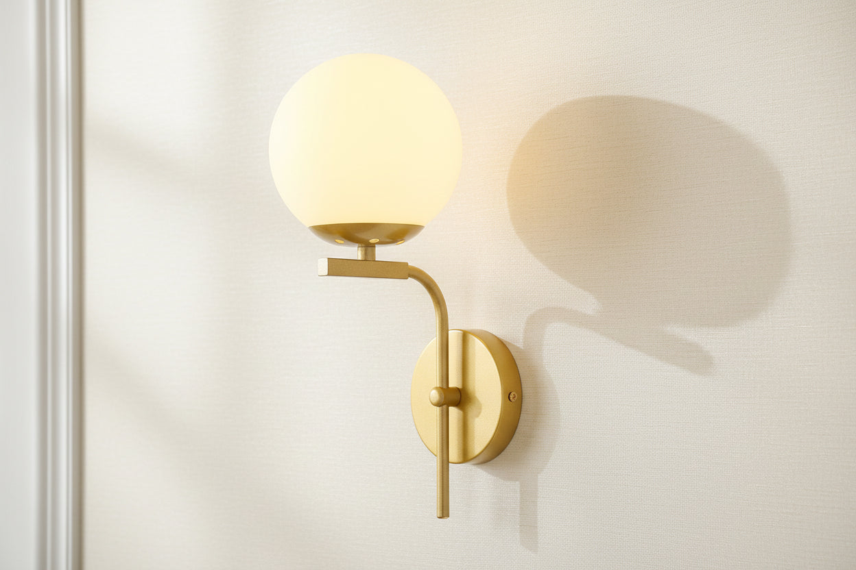 Golden and white wall lamp with iron frame and glass shade, elegant E27 indoor decorative lighting fixture
