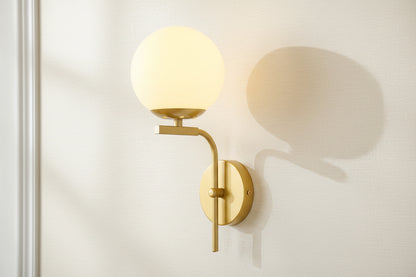 Golden and white wall lamp with iron frame and glass shade, elegant E27 indoor decorative lighting fixture