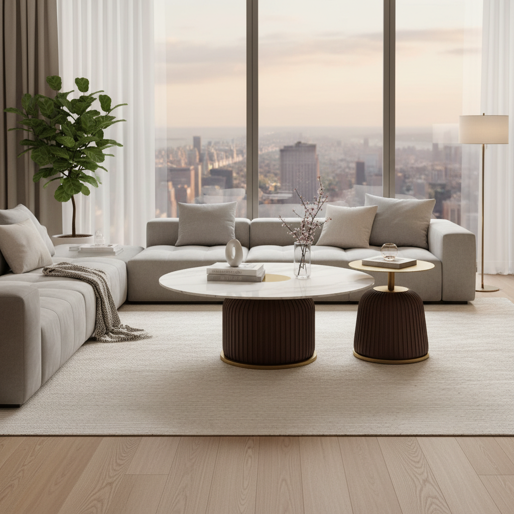 Dawood Lifestyle & Gadgets kes 2-piece luxury nesting side table set with white marble top, brass top, pleated fabric base, and gold accents in brown or cream finish.
