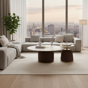 Dawood Lifestyle & Gadgets kes 2-piece luxury nesting side table set with white marble top, brass top, pleated fabric base, and gold accents in brown or cream finish.