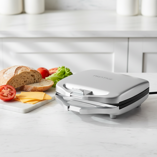 Silver sandwich toaster with 4-slice triangular plates and ready indicator light