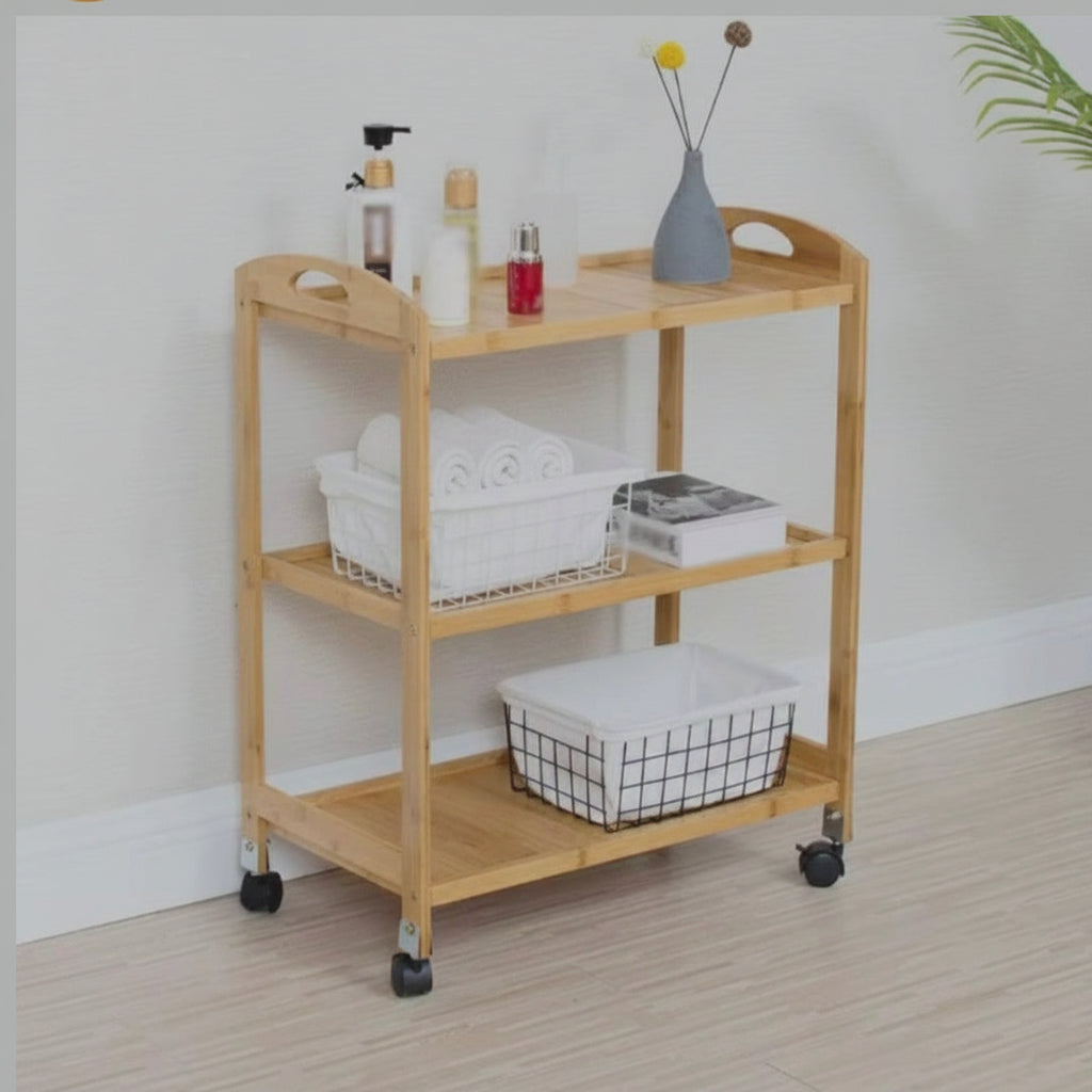 Bamboo 3 tier rolling utility cart with wheels and side handles mobile storage trolley for kitchen pantry serving bathroom laundry and household organisation 78x33x60cm.