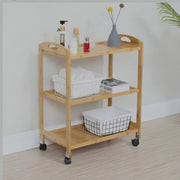 Bamboo 3 tier rolling utility cart with wheels and side handles mobile storage trolley for kitchen pantry serving bathroom laundry and household organisation 78x33x60cm.
