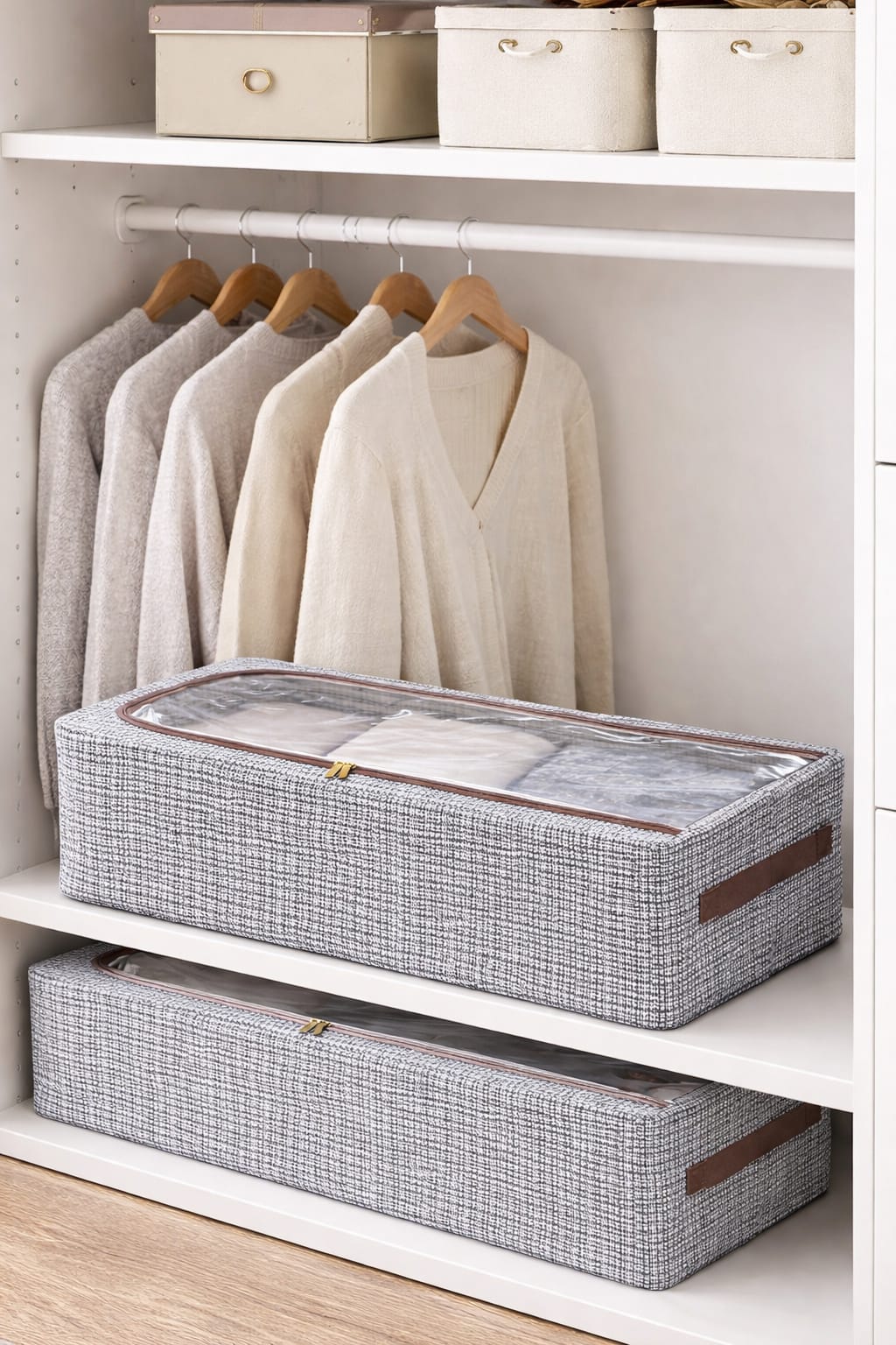 Foldable wardrobe storage organizer with zipper and clear window for clothes and innerwear