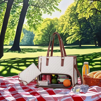 Quilted Laptop Tote Bag with Insulated Lunch Compartment