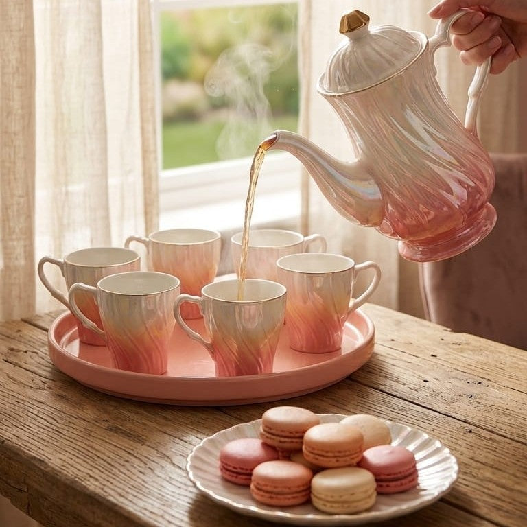 8pc luxury ceramic tea and coffee set with pink white gradient design, teapot, cups, and serving tray. 